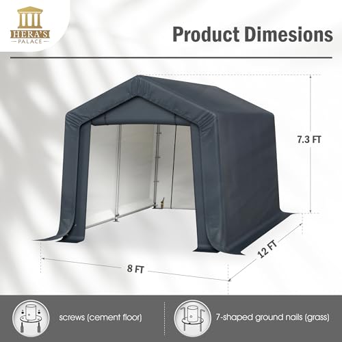 HERA'S PALACE 8x12ft Heavy Duty Carport Motorcycle Storage Shed Small Outdoor Anti-Snow Portable Canopy Shelter with 2 Doors Garage Tent for Garden Tools Bike HERA'S PALACE