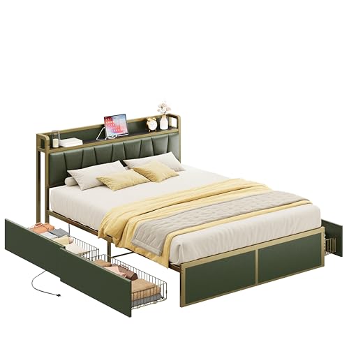 LIKIMIO Queen Bed Frame with 4 Storage Drawers, Platform Bed with Charged Headboard, Sturdy and Stable, No Noise, No Box Spring Needed, Easy to Install, Dark Green LIKIMIO