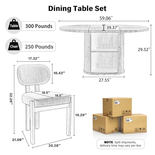 HAIZAO Large Retro Dining Table Set for 4, Modern Oval Kitchen Table Set with 4 Upholstered Chairs, Solid MDF Table with 2-Layer Storage Shelf and Wood Slide Door, Luxury Beige Chenille Chairs HAIZAO