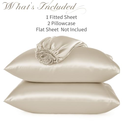 NSGZ 3 Pcs Satin Fitted Sheet and Pillowcase Set, King Silky Bottom Bedsheet Fit up to 15 Inch Deep Pocket Mattress, Taupe Soft Satin Bedding Includes 1 Fitted Sheet and 2 Pillowcases NSGZ