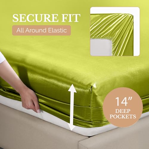 Casa Platino Queen Size Satin Sheets - Smooth Satin Sheets Queen, Cooling Fabric with 15 Inch Deep Pocket Sheet, Lightweight and Breathable, Makes for a Great Nights Sleep- Vibrant Lime Green Casa Platino