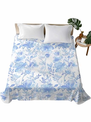 King Size Flat Bed Sheet,Blue Botanical Microfiber Brushed Single Flat Sheet Only,Retro Ink Floral Flower Modern Minimalist Soft & Breathable Top Sheet Lightweight Quilt Hotel Luxury Bedding ZOE GARDEN