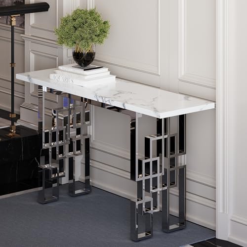 AUZ 55" White and Silver Console Table, Luxury Living Room Sofa Table, Modern Rectangle Console Table for Entryway, Living Room, Office, Foyer, Front Hall, Hallway AUZ