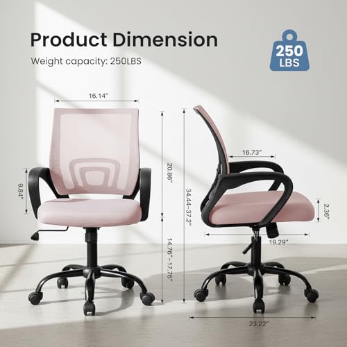 DUMOS Office Desk Chair - Ergonomic Mid Back with Lumbar Support & Rocking Mode, Height Adjustable with Fixed Armrest, Storage Back for Computer, Gaming, Conference, Meeting Room, 360° Swivel, Pink DUMOS