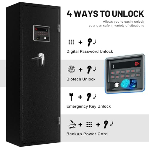 EMAXEE 7-8 Biometric Gun Safe Rifle, Large Gun Safes for Home Rifle and Pistols with Upgraded Control Panel and LED Light, Quick Access Fingerprint Gun Cabinet with Removable Shelf and Gun Racks EMAXEE