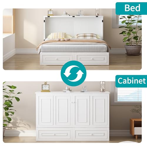 BALUS 63.4" W Queen Size Murphy Bed Cabinet with Tri-Folding Mattress and Storage Drawers, Modern Adults Chest Cube Cabinet Bed with Built-in USB Charging Station for Living Bedroom Apartment, White BALUS