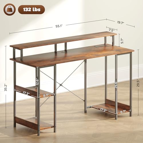 HOMCOM 55" Gaming Desk with Power Outlets and LED Lights, Reversible Computer Desk with Monitor Stand and 2-Tier Storage Shelves, Cable Management, for Home Office, Rustic Brown HOMCOM