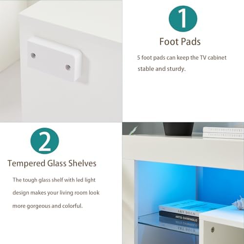 HOUAGI LED TV Stand for Televisions up to 55 Inchs, Black Modern Entertainment Center with Storage Drawer and Glass Shelf, TV Console Table for Living Room,Bedroom, 50in HOUAGI