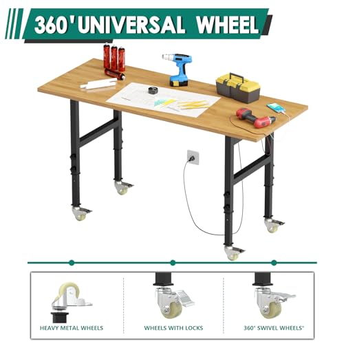 Adjustable Heavy Duty Workbench with Metal Wheels,Rubber Wood Top Working Table, 2500 LBS Load Capacity with for Workshop and Office,etc. DUSACOM