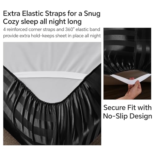 BEDELITE Satin Sheets King Size, Luxury Jacquard Striped Black Bedsheets Set with Elastic Corner Straps, Similar to Silk Sheets Set 4 PC with 1 Deep Pocket Fitted Sheet, 1 Flat Sheet, & 2 Pillowcases BEDELITE