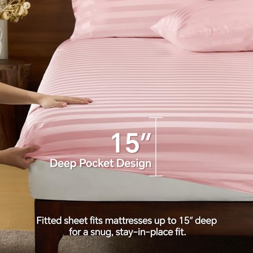 BEDELITE Satin Sheets Queen Size, Luxury Jacquard Striped Pink Bedsheets Set with Elastic Corner Straps, Similar to Silk Sheets Set 4 PC with 1 Deep Pocket Fitted Sheet, 1 Flat Sheet, & 2 Pillowcases BEDELITE