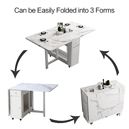 FUNROLUX Folding Dining Table with Rack and 2 Storage Drawers, Movable Extendable Space Saving Kitchen Table in 3 Forms (White) FUNROLUX