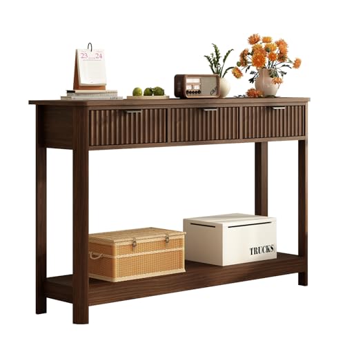 RUSTOWN Fluted Wood Console Table with 3 Drawers, Boho Narrow Behind Couch Entryway Table with Open Storage Shelf, Modern Sofa Table for Living Room, Foyer and Hallway (Dark Walnut) RUSTOWN