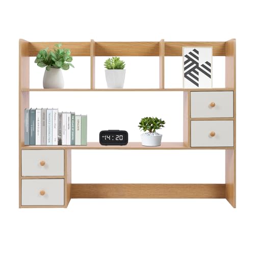 Wood Desk Hutch Organizer, Desktop Hutch with 8 Shelves & 4 Drawers, Vanity Desk with Hutch Top Only, Extendable Small Desk Shelf for Top of Desk, Desktop Bookcase Bookshelf for Home Office Generic