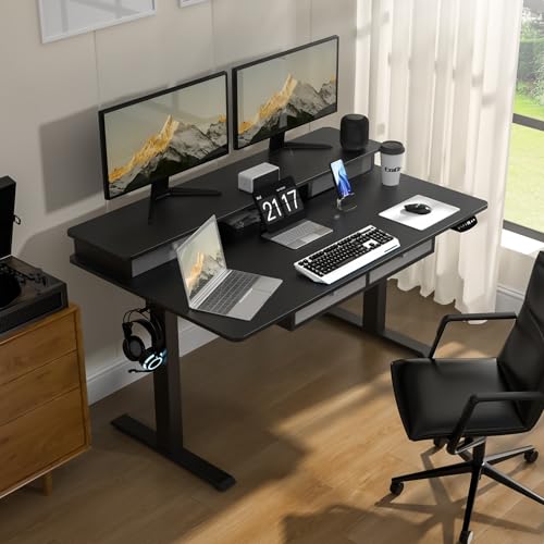 ExaDesk Electric Standing Widened Desk 63 * 30 Inches Adjustable Height with 4 Drawers, Double Storage Shelves Stand Up Desk, Home Office Workstation Sit Stand up Desk (Classical Black) ExaDesk