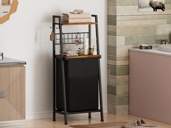 Furnulem 2 Tiers Laundry Hamper with Wooden Shelf and Hooks, Vertical Laundry Basket with Pull-Out and Removable Bag, Clothes Hamper with Divided Bag for Laundry Room, Bathroom, Bedroom, Dorm Furnulem