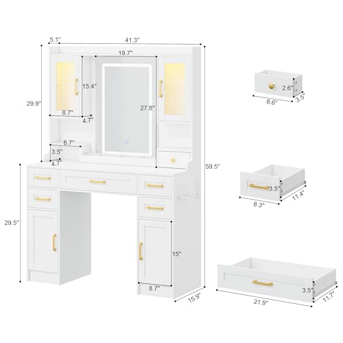 NUNU LAB Makeup Vanity Desk with Mirror and Lights, White Dressing Table with Charging Station, Makeup Vanity with RGB Cabinets and 7 Drawers RGB Cabinets, 3 LED Light Modes (043 White) NUNU LAB