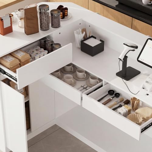 FAMAPY 70.9" L-Shape Reception Desk with Open Display Shelving, 2 Drawers & Cabinets, Modern Reception Counter for Shop White 70.9”W x 47.2”D x 39.4”H