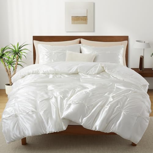 Lanest Housing King Size Satin Comforter Set Ivory White, 3 Pieces Soft and Lightweight Silk Bedding, All Season Fluffy Down Alternative Comforter Bed Set Lanest Housing