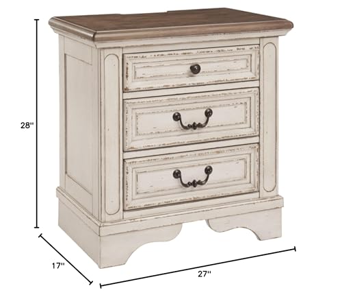 Signature Design by Ashley Realyn French Country 3 Drawer Nightstand with Electrical Outlets & USB Ports, Chipped White Signature Design by Ashley