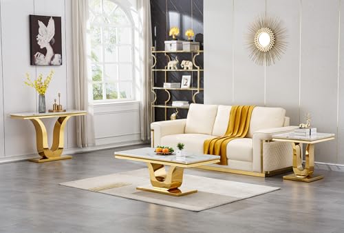 SSLine Modern White Marble Coffee Table with U-Shape Gold Stainless Steel Base Luxury Faux Marble Cocktail Center Table for Living Room Bedroom Home Office (1 Coffee Table) SSLine