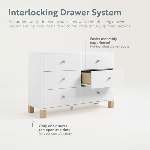 Storkcraft California 6-Drawer Double Dresser (White with Driftwood) - GREENGUARD Gold Certified, Interlocking Drawer System, Dresser Drawer Organizer for Kids Bedroom Storkcraft