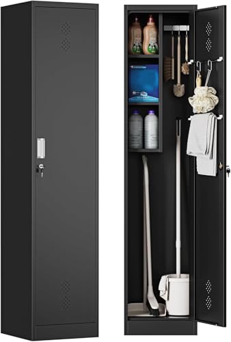 Letaya Broom Closet Storage Cabinet,Metal Cleaning Supply Tool Cabinet,Utility Cabinets for Brooms & Mops Black Garage Organization Cabinet for Laundry Room, Bathroom