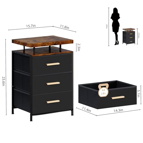 DreamDashio Night Stand with APP Control LED Lights, 3 Fabric Storage Drawers with PU Finish, Floating Top Design, Bedside Table with Open Shelf, End Table for Bedroom, Living Room, Office (Black) DreamDashio