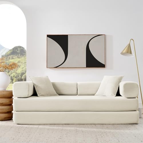 4-in-1 Folding Convertible Sofa Bed, 78 Inch Boneless Couch with Fixed-Shape Frame, Corduroy Loveseat Sleeper with Pull Out Bed, Floor Sofa Modular Futon Couch for Living Room Bedroom Lounge (Beige) ivoros