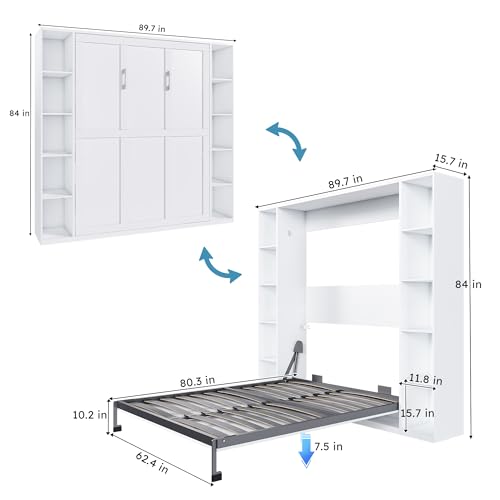 Hosnnile Queen Murphy Bed, 89.7'' Foldable Space-Saving Wall Bed with Storage Cabinet, Solid Hidden Metal Bed Frame with Wooden Bookcase Bookshelf for Bedroom, Guest Room Hosnnile
