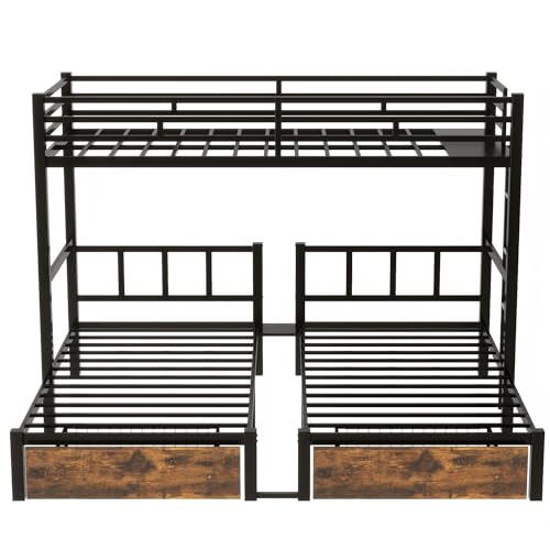 kuurfuurdo Metal Triple Bunk Bed for Kids, Detachable TwinXL Over Twin Over Twin Triple Bunk Bed with Guardrails, Ladder & Storage Drawer, Converts to 3 Separate Beds (3 Bunk Beds for Kids) kuurfuurdo