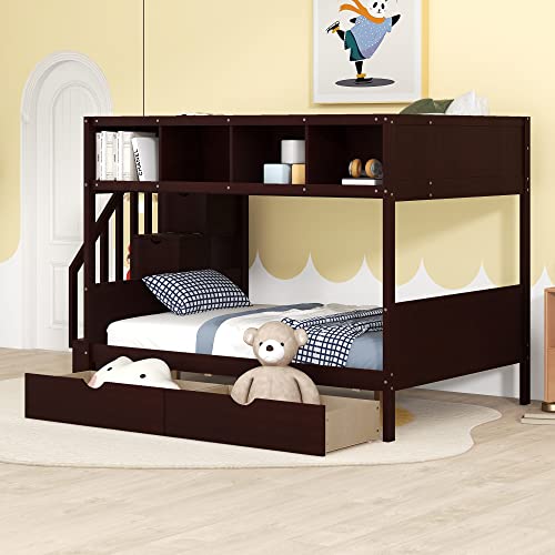 Harper & Bright Designs Twin Over Full Wood Bunk Bed with Drawers and Built-in Storage Cabinets for Kids Girls Boys,Espresso Harper & Bright Designs