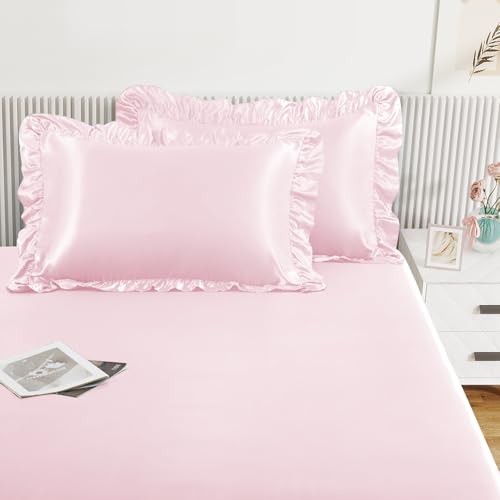 Homiest 3-Pieces Ruffle Pillow Case & Satin Fitted Sheet Set, Blush Pink Full Satin Sheets with 2 Ruffled Pillow Shams, 15 Inch Deep Pocket, Cute & Coquette Silk-Like Bed Set for Decorating Bedroom Homiest