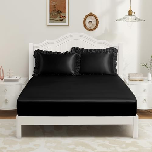 P Pothuiny 3-Piece Set Ruffle Satin Pillowcases & Queen Fitted Sheet, Luxury Black Satin Fitted Sheet Silky Soft Cute Bedding Bedroom Decor, Wrinkle Free, 15 Inch Deep Pocket P Pothuiny