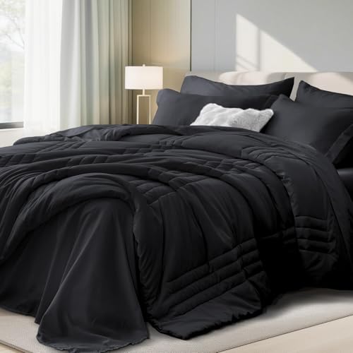 Velorose Queen Comforter Set Black - Bed in a Bag Queen Size 7 Pieces, Soft Bedding Set for All Seasons, Premium Queen Comforter Set with Comforter, Sheets, Pillowcases & Shams Velorose