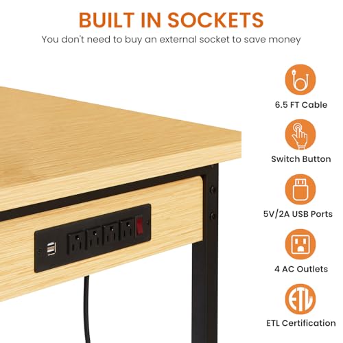 48L''Adjustable Height Workbench with Pegboard, Heavy Duty Wooden Desktop Workbench with Wheels, 2000 lb. Load Capacity, Rolling Workbench with AC/USB Outlet, Hooks, Shelf (Yellow+Black, 48''L) Clyrava