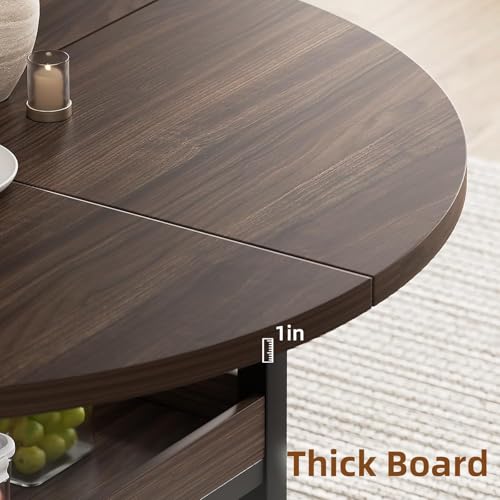 XINNQEE 5-Piece Round Dining Table Set for 4 with Storage, Kitchen Table with 4 PU Leather Chairs, Space Saving for Breakfast Nook, Dinette, Dining Room (Walnut Dining Table-4 Brown Chairs) XINNQEE