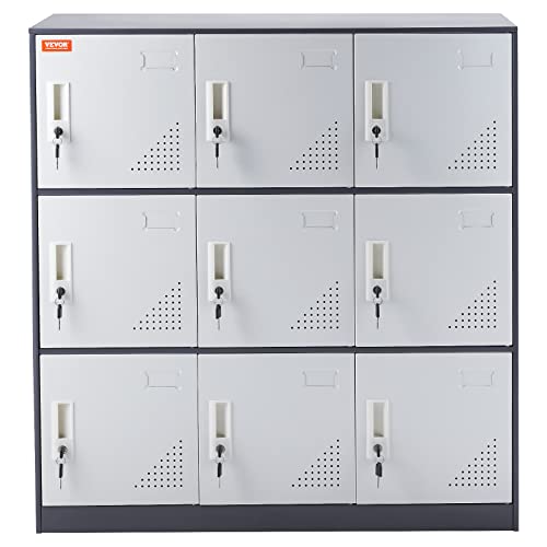 VEVOR Metal Locker for Employees, 9 Doors Storage Cabinet with Card Slot, Gray Steel Employee Lockers with Keys, 66lbs Loading Capacity Office Storage Lockers for Office, Home, School, Gym VEVOR