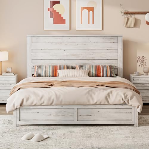 LUXOAK Distressed White Farmhouse Queen Bed Frame with 49" Tall Headboard and Hidden Metal Support LUXOAK