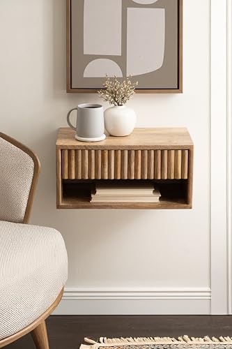 Kate and Laurel Reid Ribbed Wooden Tiered Floating Side Table, 18 x 10 x 9, Natural Wood, Modern Rectangular Mango Wood Floating Nightstand with Drawer for Bedroom Storage or Living Room End Table Kate and Laurel