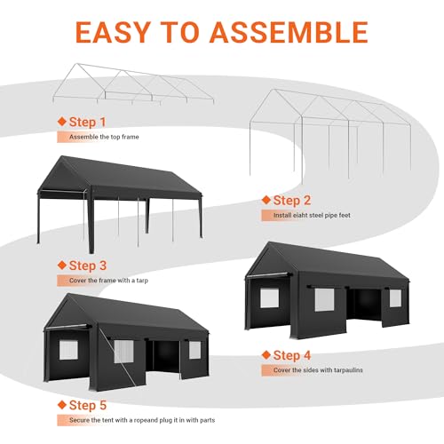 AirWire Carport, 12x20 FT Heavy Duty Carport, Portable Garage with Roll-Up Windows & Side-Opening Door, Car Canopy Reinforced Four-Hole Base for Car, Truck, Boat, Motorcycle AirWire