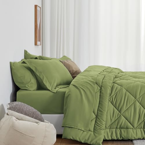 Love's cabin Twin Comforter Set Olive Green, 5 Pieces Twin Bed in a Bag, All Season Bedding Sets with 1 Comforter, 1 Flat Sheet, 1 Fitted Sheet, 1 Pillowcase and 1 Pillow Sham Love's cabin