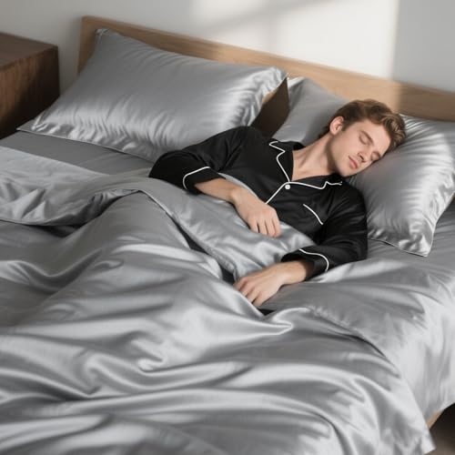 TodaFre Silver Grey Satin Duvet Cover King Size Set, 3 Pieces Ultra Soft Bedding Set - 1 Lightweight Duvet Cover 104x90 Inches with Zipper Closure, 2 Pillowcases TodaFre