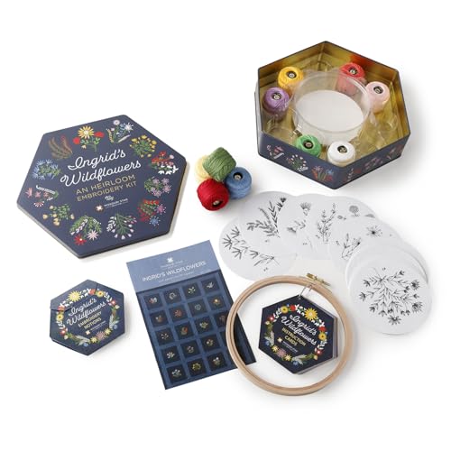 Ingrid's Wildflowers - an Heirloom Embroidery Kit by Missouri Star | Includes 20 Wildflower Designed Peel & Stitch Washaway Sheets, Colored Floss, Needles, Hoop, and Other Tools Needed for Embroidery