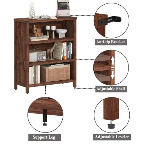 Rustic Oak 3-Shelf Bookcase by BON AUGURE - Stylish Floor-Standing Storage for Home & Office BON AUGURE