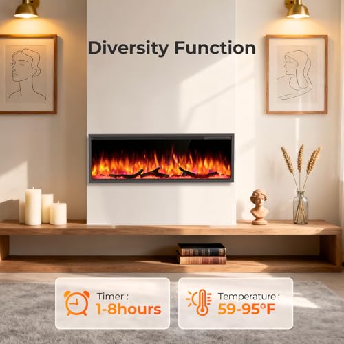 R.W.FLAME 50 Inch Smart Electric Fireplace Recessed and Wall Mounted with Adjustable Flame Colors and Speed, Alexa/WiFi Enabled, APP Control with Multiple Sound Modes, Log & Crystal Options R.W.FLAME