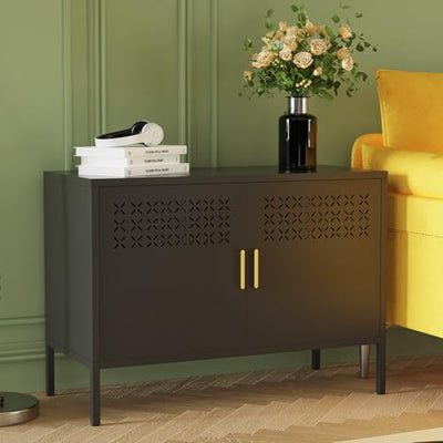 Karlovit Storage Cabinet, Metal Accent Locker Storage Cabinet with 2 Doors, Magnetic Closure, Adjustable Shelf, Tv Stands & Metal Nightstand for Living Room, Entryway and Home - Black