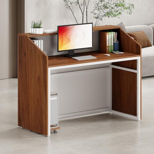 LITTLE TREE 47-Inch Reception Desk with Counter, Oak Front Desk Reception Room Table, Retail Counter for Checkout, Modern Welcome Desk for Lobby, Office, Beauty Salon