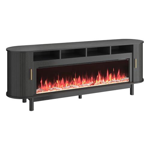 BVIUNTWO 70 Inch Modern Fireplace TV Stand for TVs up to 80 inches, Mid Century TV Console with Solid Wood Legs, Sliding Doors & Curved Design,Media Console for Living Room, Black BVIUNTWO