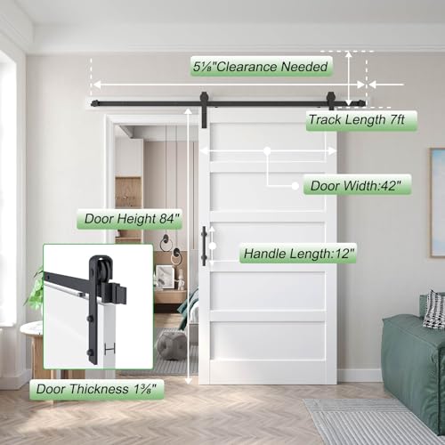Fredbeck 42x84 inch White Barn Door with 7FT Sliding Door Hardware Kit Included & Handle,MDF,Solid PVC Surface,DIY Assembly,5-Panel FREDBECK